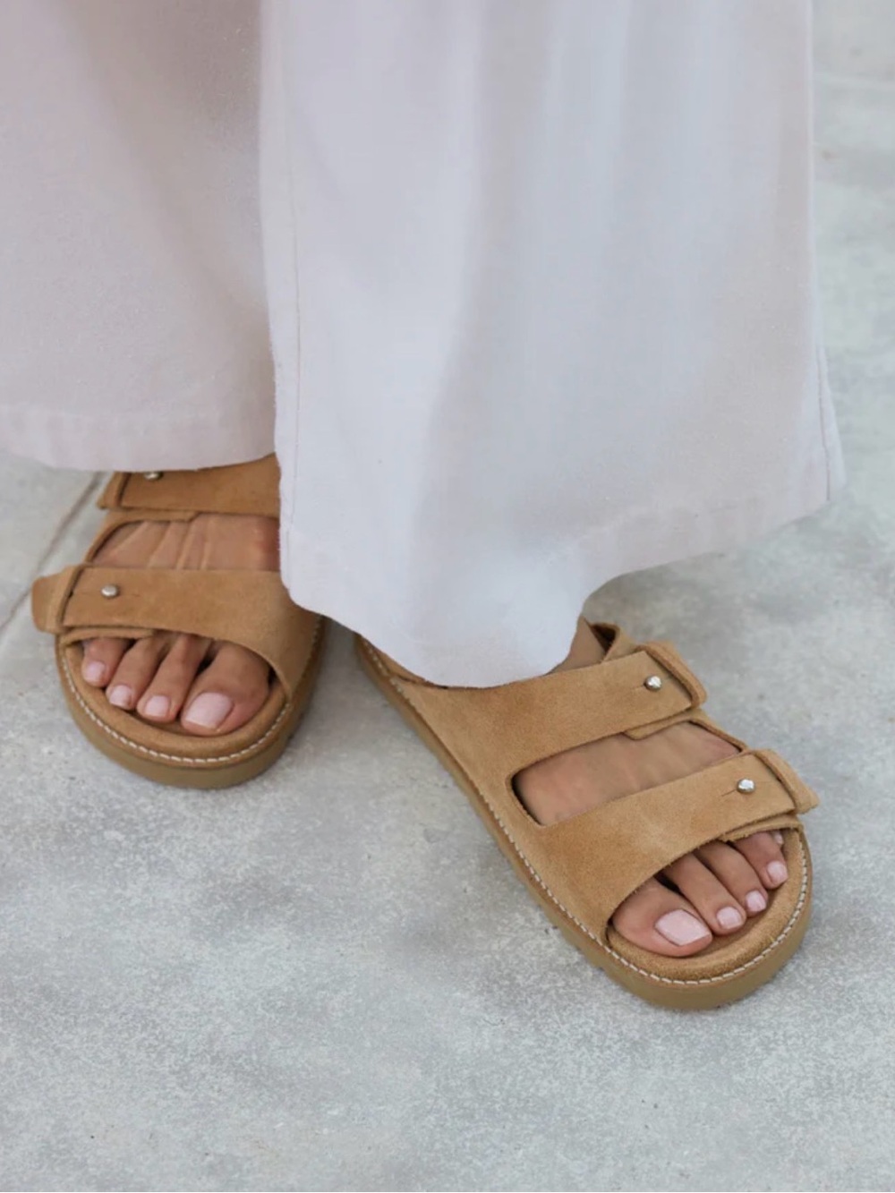 Jenni Kayne Tan Double-Strap Suede Slide Sandals